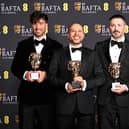 (L-R) Ben Jackson, Dean Atta and Baz Sells with the British Short Animation Award for Two Black Boys in Paradise.