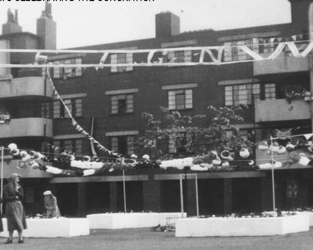 The flats at Cavalier House, between East Street and Bow Street, decorated for the coronation of Queen Elizabeth II on June 2, 1953. 