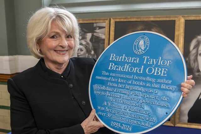 Award-winning actress Brenda Blethyn OBE  unveils a blue plaque in Armley Library, Leeds dedicated to author Barbara Taylor Bradford.