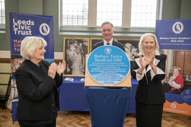 Award-winning actress Brenda Blethyn OBE with Trustees of The Barbara Taylor Bradford Trust, W. Randall Jones and  H.E. Vicki Downey  unveil a blue plaque in Armley Library, Leeds dedicated to author Barbara Taylor Bradford.