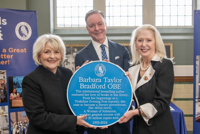 Award-winning actress Brenda Blethyn OBE with Trustees of The Barbara Taylor Bradford Trust, W. Randall Jones and Vicki Downey  unveil a blue plaque in Armley Library, Leeds dedicated to author Barbara Taylor Bradford.