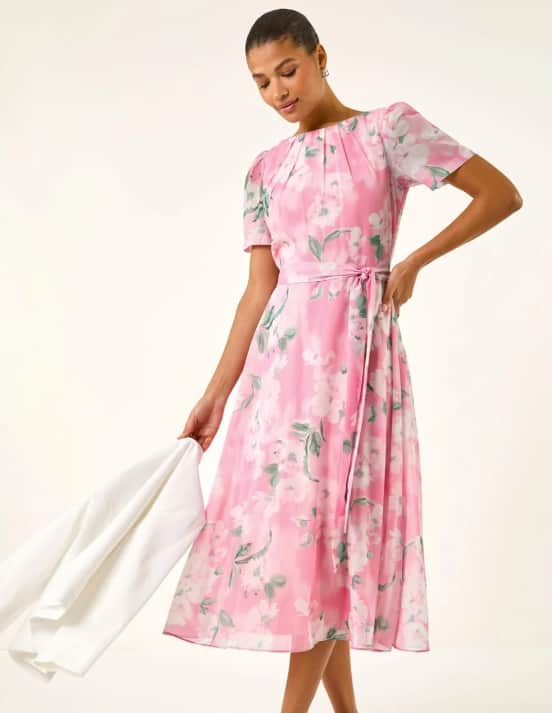 Pink Floral Print Pleat Neck Midi Dress