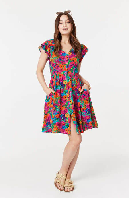 Izabel London Floral V-Neck Frilled Sleeve Short Dress