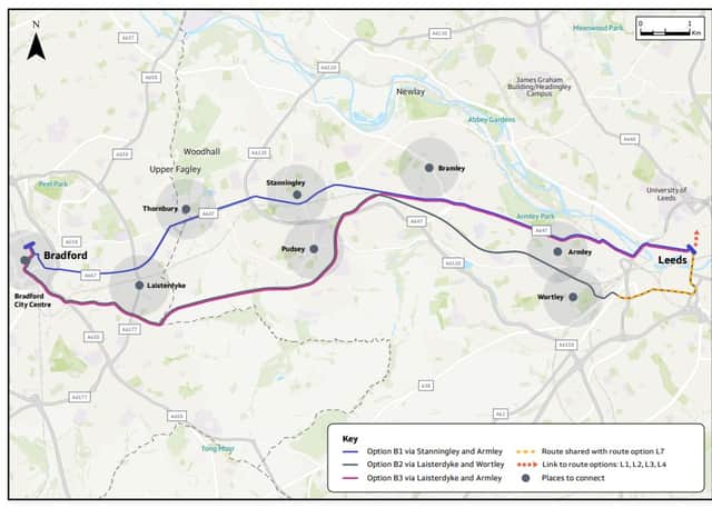The Leeds to Bradford route options. Credit: WYCA