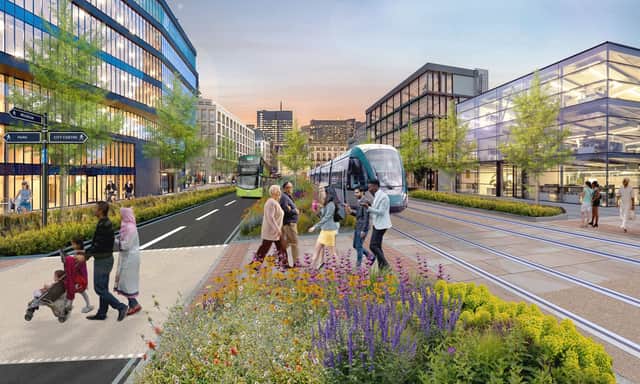 An illustration of how a tram might run alongside roads in Leeds and Bradford. Credit: WYCA
