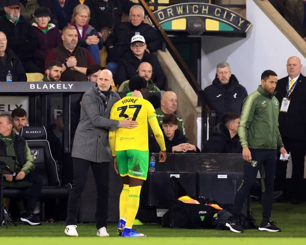 ANOTHER ONE: Norwich City boss Philippe Clement consoles Canaries striker Mohamed Toure as he is forced off injured against Sheffield Wednesday.