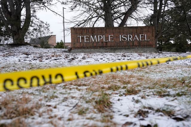 Police tape hangs outside the Temple Israel synagogue in West Bloomfield Township, Michigan, following the attack