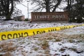 Police tape hangs outside the Temple Israel synagogue in West Bloomfield Township, Michigan, following the attack 