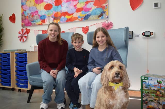 Rob and Lindsey Burrow's children Macy, Maya, and Jackson alongside therapy dog Frankie
