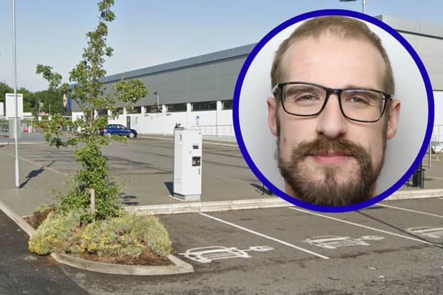 Pridmore (inset) was caught performing sa sex act in his car outside Lidl in Garforth.