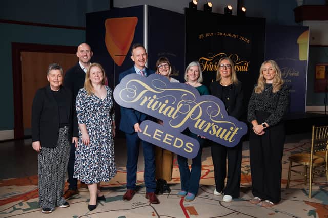 Leeds Trivial Pursuit launch. (L/R): L/R. Nicola Hanson (Victoria Leeds), James Broughton (Merrion Centre), Nikki Appleton (Trinity Leeds), Andrew Cooper (LeedsBID), Sara Merritt (Leeds City Museum), Anna Ward (Royal Armouries), Sarah Limbert (Wellington Place) and Alice Simpson (Corn Exchange).