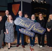 Leeds Trivial Pursuit launch. (L/R): L/R. Nicola Hanson (Victoria Leeds), James Broughton (Merrion Centre), Nikki Appleton (Trinity Leeds), Andrew Cooper (LeedsBID), Sara Merritt (Leeds City Museum), Anna Ward (Royal Armouries), Sarah Limbert (Wellington Place) and Alice Simpson (Corn Exchange). 