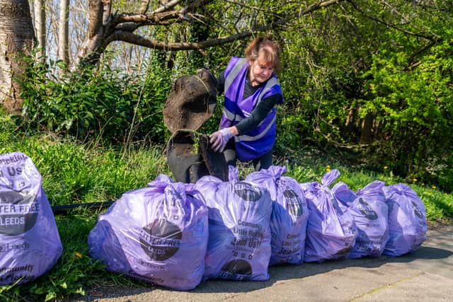 Sandra McLean, coordinator of Litter Free Leeds, with a collection of purple bags filled with rubbish collected on wasteland in Meanwood.