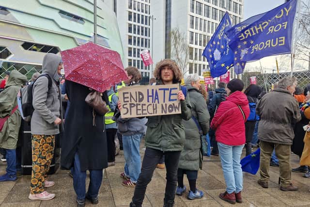 Protestors have gathered outside of the First Direct Bank Arena in Leeds.