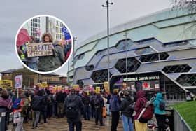 Protestors at First Direct Bank Arena in Leeds.