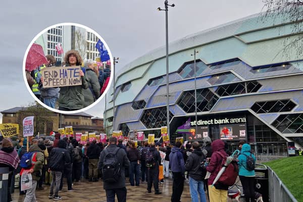 Protestors at First Direct Bank Arena in Leeds.