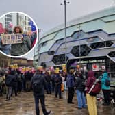 Protestors at First Direct Bank Arena in Leeds.