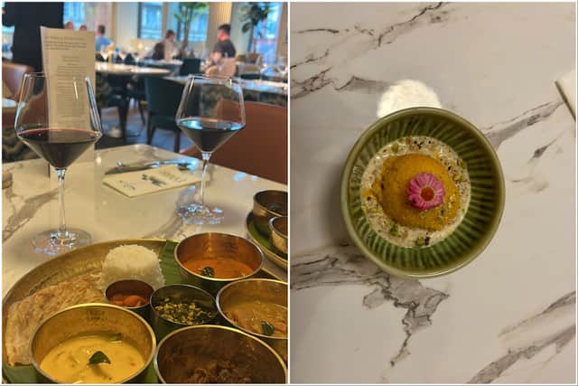 The thali and the final course, ari payasam - a creamy rice kheer served with mango ice cream