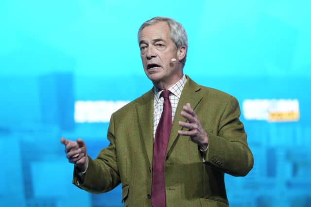 Reform UK leader Nigel Farage speaking during a Reform UK local election rally at the First Direct Bank Arena this week