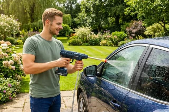 A cordless pressure cleaner makes it easy to wash cars, patios and garden furniture without needing a fixed water supply