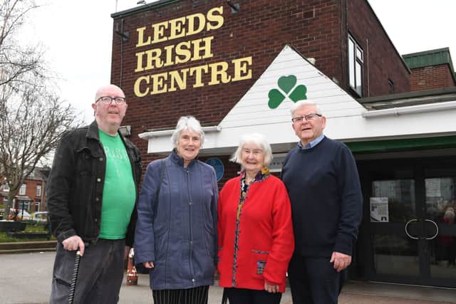 Bernard McGrath, Christine Byrne, Rena Cosgrove and Tommy McLoughlin outside the Leeds Irish Centre