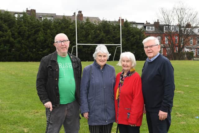 Pictured from left: Bernard McGrath, Christine Byrne, Rena Cosgrove and Tommy McLoughlin on the Gaelic football pitch at the  Leeds Irish Centre
