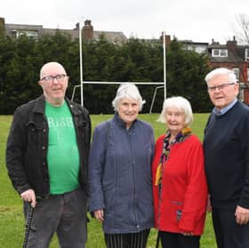 Pictured from left: Bernard McGrath, Christine Byrne, Rena Cosgrove and Tommy McLoughlin on the Gaelic football pitch at the  Leeds Irish Centre