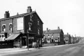  Harehills Lane in September 1949. Number 360 is 'H. Ingle, Fruit and Flowers', 358 is 'P. Littlehales Grocers'. Further down the road are Sutherland Terrace and Mount, and Compton Row and Crescent.