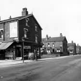  Harehills Lane in September 1949. Number 360 is 'H. Ingle, Fruit and Flowers', 358 is 'P. Littlehales Grocers'. Further down the road are Sutherland Terrace and Mount, and Compton Row and Crescent.