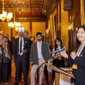 Helen Liu addresses guests during the Blockchain for Good Alliance Impact Leaders’ Summit at the UK House of Lords, sharing insights on advancing blockchain for societal impact.