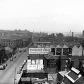 An elevated view looking north along Meadow Lane towards Leeds Bridge and Hunslet Lane in April 1955.