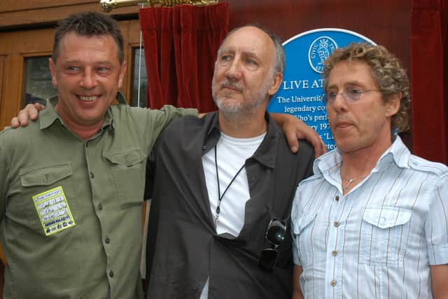 Andy Kershaw with Pete Townshend (C) and Roger Daltrey (R) of the Who at the unveiling of the blue plaque.