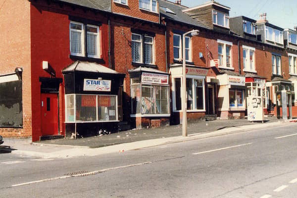 A row of shops and houses on Tempest Road between the junctions with Maud Avenue, left, and Stratford Street in 1989. The first shop on the left, Star Sweet Centre  was previously Heslington's baker. Next to this is the Fashion Cloth Store, then followed by Dana Properties and a newsagent.
