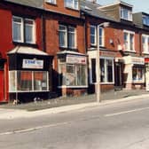 A row of shops and houses on Tempest Road between the junctions with Maud Avenue, left, and Stratford Street in 1989. The first shop on the left, Star Sweet Centre  was previously Heslington's baker. Next to this is the Fashion Cloth Store, then followed by Dana Properties and a newsagent.