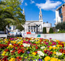 Spring flowers in full bloom by Leeds Civic Hall and Millennium Square. 
Photograph by Tony Johnson.  21st April 2026