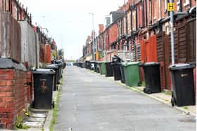 Wheelie bins lined up in a back street in Leeds.