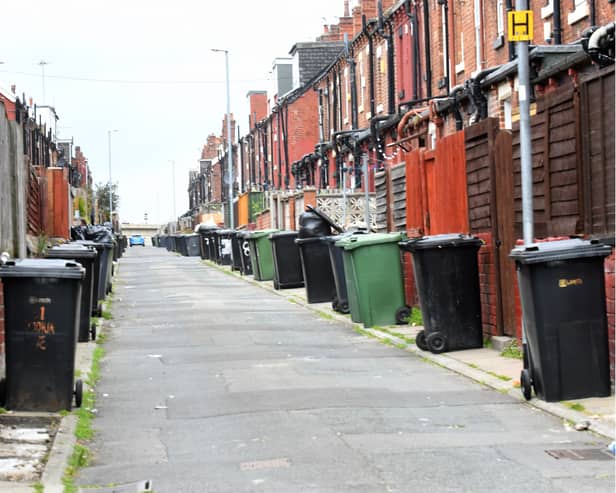 Wheelie bins lined up in a back street in Leeds.