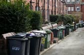 Wheelie bins lined up in a back street in Leeds.