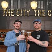 22nd April 2026
First look inside new pub The City Tap, a collab between Kirkstall Brewery and Little Bao Boy. 
Pictured from left Chris Hall from kirkstall Brewery and James Ooi from Little Bao Boy at the bar.
Picture Gerard Binks