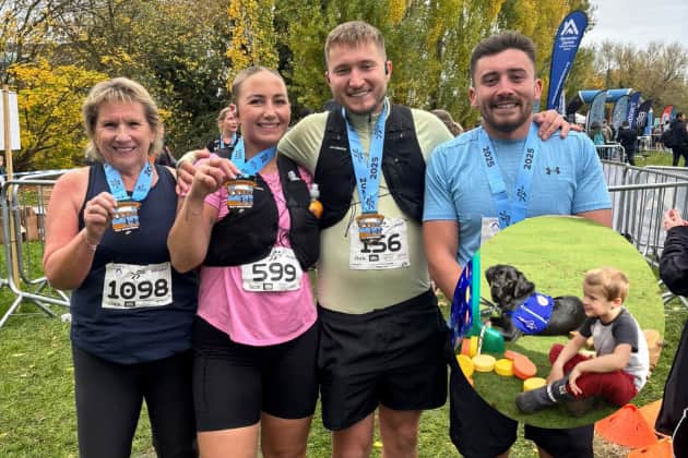 Ashley Welsford (second from the right) is taking on the London Marathon to raise money for Support Dogs, inspired by 'wonderdog' Chester and his autistic brother Alex (inset)