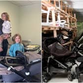 Richard, pictured left, donated to Leeds Baby Bank the pram used by his daughters, Hazel and Nina when they were babies 