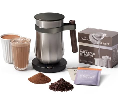 The new Hotel Chocolat Velvetiser comes with a selection of hot and cold chocolate sachets.