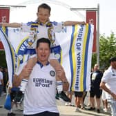 Pictured on Olympic Way outside Wembley Leeds fans Jack and his dad Steve Hibbert