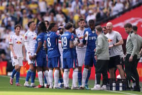 'JOKE': Chelsea's time out after keeper Robert Sanchez went down as Leeds United captain Ethan Ampadu, left, makes his feelings known.