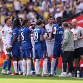 'JOKE': Chelsea's time out after keeper Robert Sanchez went down as Leeds United captain Ethan Ampadu, left, makes his feelings known.