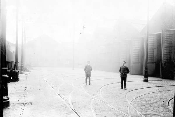 Tramlines and entrance to car sheds at Kirkstall Road Tram works and depot in December 1903.