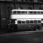 A Crossley 64 double decker bus parked outside the Leeds City Transport Offices on Concordia Street. 