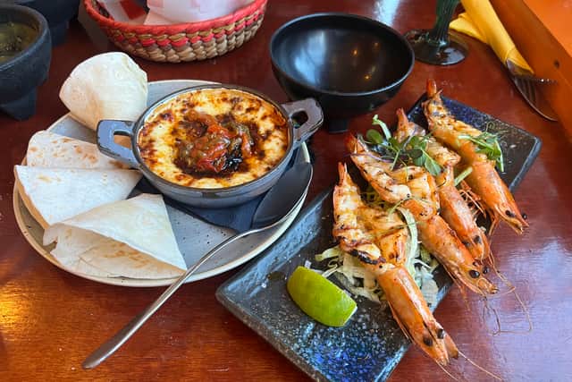 The queso and grilled prawns