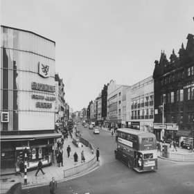Leeds, Briggate, in the 1960s, with shops including Saxone shoes
