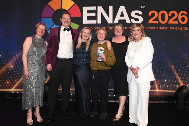Senior staff at Notre Dame Catholic Sixth Form College celebrate winning Further Education College of the Year 2026 at the Educate North Awards
